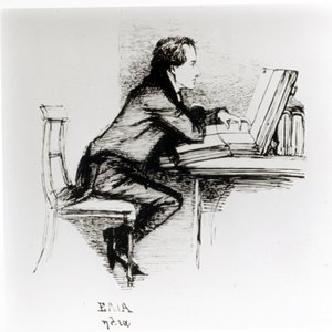 Retrato de Charles Lamb (1775-1834) (caneta e tinta sobre papel) (foto a p/b) de Daniel Maclise