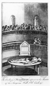 O Corpo de um Assassino Exposto no Teatro da Sala dos Cirurgiões, Old Bailey, Londres, gravura de White (gravura)