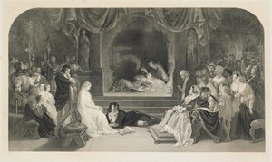 A Cena de Teatro, Acto III, Cena II de Hamlet de William Shakespeare, gravada por Charles W. Sharpe (litho)