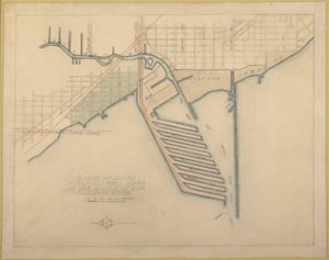 Ilustração 72 do Plano de Chicago, 1909: Chicago. Esboço do diagrama de docas sugerido na boca...