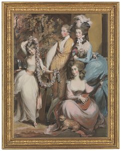 Retrato de corpo inteiro de Mary Sturt de Crichel (1740-1807), de pé, com os seus três filhos mais velhos, Diana, Mary e Humphry (lápis, pastel e cor de corpo) de Daniel Gardner