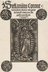 Virgem em Crescente, página de rosto de Pelbartus de Temesvar: Stellarium corone Schr. 2869..., 1502. de Daniel Hopfer.