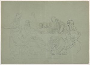 Desenho, Maria lavando os pés de Cristo, vários homens sentados a uma mesa; verso: notas, 1852 de Daniel Huntington