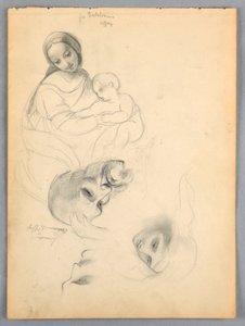 Madonna e criança, esboços após Leonardo Da Vinci e Fra Bartolomeo de obras no Uffizi, Florença