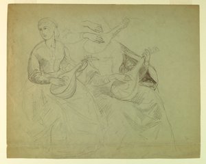 Esboços de uma mulher com um alaúde, estudo para "Tiziano mostrando o enterro de Carlos V e Clemente VII" de Daniel Huntington