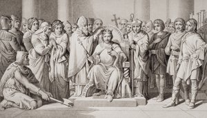 Coroação de Haroldo II (c.1022-66) Rei dos anglo-saxões em 1066 dC, de "Ilustrações da História escocesa e inglesa" volume I de Daniel Maclise