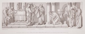 Harold, prestes a se opor à invasão de Guilherme, oferece a oração em Waltham Abbey, quando a imagem sagrada se inclina milagrosamente para a frente da cruz, de "A História da Conquista Normanda", gravada b de Daniel Maclise
