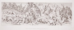 Harold, em frente ao Standard da Inglaterra, é perfurado por uma flecha caindo, de "A História da Conquista Normanda", gravada por L. Gruner, 1866 de Daniel Maclise