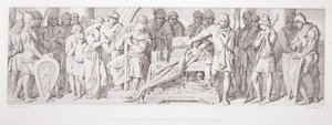 O juramento de fidelidade de Haroldo a Guilherme, jurado sobre as relíquias ocultas dos santos, de "A História da Conquista Normanda", gravada por L. Gruner, 1866 de Daniel Maclise
