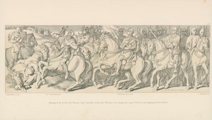 Manhã da batalha. O chefe normando Taillefer, conduz a van do duque William, cantando a canção de Roland e fazendo malabarismos com sua espada de Daniel Maclise