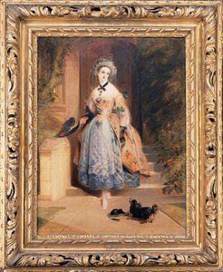 Retrato de Louisa Jane, marquesa de Abercorn, baixinha de corpo inteiro, em um vestido elaboradamente bordado em amarelo e azul, na entrada de uma casa, com um spaniel, 1832 de Daniel Maclise