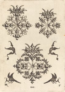Três broches com pássaros de fantasia à esquerda, à direita e em baixo de Daniel Mignot