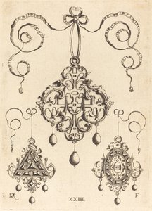 Três pingentes Strapwork, os inferiores triangulares e ovais de Daniel Mignot