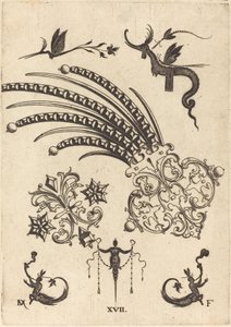 Dois broches com dragão e insetos em cima e seres humanos com caudas de cobra em baixo