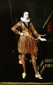 Retrato do rei Carlos I como príncipe de Gales, de corpo inteiro, diante de uma cortina de veludo verde, vestindo a Ordem de São Jorge, um gibão e calções bordados a ouro, a mão esquerda apoiada ao lado do chapéu em uma mesa,