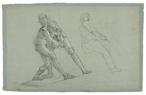Estudo para o cerco de Gibraltar (estudo de figuras puxando em uma corda), 1785-1786 (giz preto e branco em papel cinza-azul)