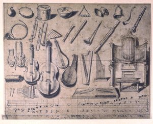 Vários instrumentos musicais: a percussão, os instrumentos de corda e sopro, o órgão, século XX (gravura colorida)