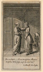 Um pai ou guardião conversando com uma garota, ilustração da peça "Não mais que sachs Schuesseln" de Fredrich Wilhelm Grossman em "Königl: Grosbrit [anian] calendário genealógico para o ano de 1782 Lauenberg por J.G. Berenberg" de Daniel Nikolaus Chodowiecki