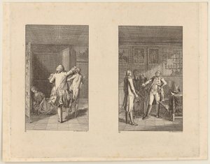 O Barão expulsa Cândido do castelo [à esquerda]; Cândido, Cunigunde e a Velha perante o governador de Buenos Aires [à direita] de Daniel Nikolaus Chodowiecki