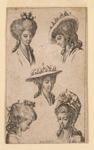 Five Headgears, como Worn by Berlin Women, Ilustração para "Königl: Grosbrit [anian] calendário genealógico para o ano de 1783 Lauenberg por J.G. Berenberg" de Daniel Nikolaus Chodowiecki