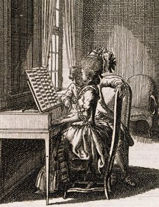 Música, mulher a tocar spinet, por Daniel Niklaus Chodowiecki (1726-1801), de Occupations des dames, Alemanha, Polónia de Daniel Nikolaus Chodowiecki