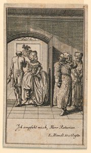 O casal de idosos terminando arrogantemente uma visita, ilustração da peça "Não mais que sachs Schuesseln" de Fredrich Wilhelm Grossman em "Königl: Grosbrit [nische] calendário genealógico no ano de 1782 Lauenberg por J.G. Berenberg" de Daniel Nikolaus Chodowiecki