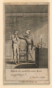 The Slap in the Face, Ilustração da peça "Não mais do que sachs Schuesseln" de Fredrich Wilhelm Grossman em "Königl: Grosbrit [anian] calendário genealógico para o ano de 1782 Lauenberg por J.G. Berenberg" de Daniel Nikolaus Chodowiecki