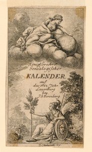 Página de rosto para "Königl: Grosbrit [anische] Genealogischer Kalender auf das 1781 Jahr Lauenberg bey J.G. Berenberg" de Daniel Nikolaus Chodowiecki