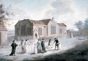 Uma procissão de crianças em idade escolar entrando na Broadway Chapel, Westminster, Londres, 1797