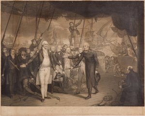 Vitória do Lorde Visconde Duncan e Renúncia do Almirante De Winter a bordo do Venerável, outubro de 1797 (gravura pontilhada)