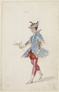Figura masculina em um traje azul e vermelho do ballet des quatre saisons de lAnne, 1626 (tinta marrom, wc e pintura metálica sobre um underdrawing de giz preto sobre papel)