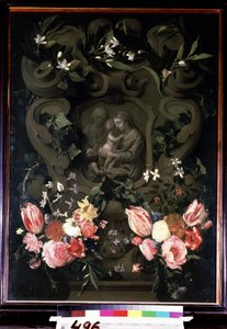 Madonna e criança, Santa Isabel e João Baptista em criança numa guirlanda floral. Pintura por Daniel Seghers (1590-1661). Óleo sobre cobre, 84 x 61 cm de Daniel Seghers
