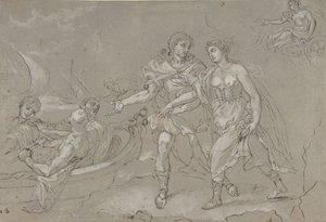 O estupro de Helena, verso: Estudo de uma figura masculina nua ajoelhada, final do século XVII-XVIII.