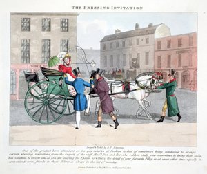 O convite de pressão, ilustração "dos furos elegantes ou dos refrigeradores na vida alta" por Peter Quiz, bar. Thomas McLean, Londres 1824 (gravura colorida à mão)