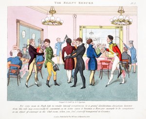A repreensão silenciosa, ilustração dos "furos ou refrigeradores elegantes na vida alta" por Peter Quiz, bar. Thomas McLean, Londres 1824 (gravura colorida à mão)