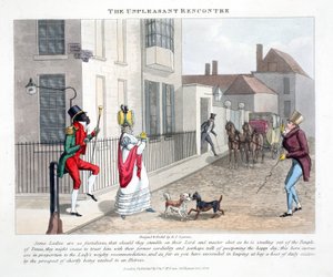 O Rencontre desagradável, ilustração dos "furos elegantes ou refrigeradores na vida alta" por Peter Quiz, bar. Thomas McLean, Londres 1824 (gravura colorida à mão)