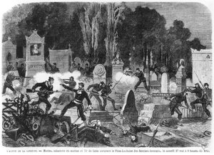 Agonia da Comuna, últimas lutas no cemitério de Pere Lachaise, gravado por Louis Joseph Amedee Daudenarde (d.1907) ilustração de &39;Le Monde illustre&39;, 27 de maio de 1871