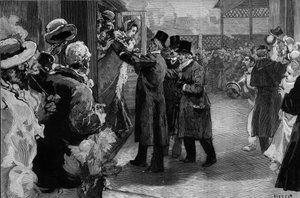 Louise Michel retornou à França (1830-1905) após sua deportação por sua participação na Comuna de Paris. Foi recebido na estação de Saint Lazare (Saint-Lazare) por Henri Rochefort (1831-1913), Louis Blanc (181-1882) e George Clemenceau (1841-1929).