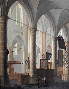 O interior do Grote Kerk em Dordrecht, com figuras conversando e crianças brincando