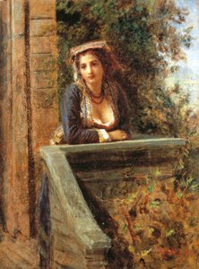 Jovem à janela ou jovem mulher na varanda, por Daniele Ranzoni (1843-1889), óleo sobre papel montado sobre madeira, 44x33 cm