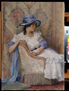 Femme en blanc (Dama de branco). Peinture de Danill Karpovich Kraynev (1872-1949), huile sur toile, art moderne russe, fin 19e-debut 20e siecle. Museu Regional de Arte W. Wereshchagin, Mykolaiv (Ucrânia). de Danil Karpovich Kraynev