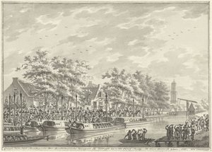 Chegada dos Amsterdammers em Utrecht, 1787 Vista Da Chegada Dos Cidadãos De Amsterdã Em Utregt At De Rooy Brug. Depois de Den Dom para ver. 1787. (título no objeto)