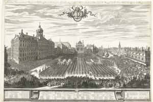 Homens armados na Praça Dam durante a Feira de Amsterdã, 1686 Feira de Amsterdã mostrando o Burgery in the Weapons, sig Apresentando aaen de Groot Agtb: Heeren Burgermeesteren (título no objeto) Foire d