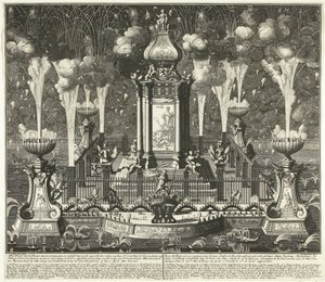 Fogos de artifício na celebração do Tratado de Utrecht, 1713
Imagem do teatro com ornamentos sinfónicos e fogo de artifício constante, erigido por ordem de Sua Majestade os Estados dos Lordes da Holanda e da Frísia Ocidental (...) em 
