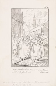 Mulheres em uma banca de mercado com uma bandeira com lírios franceses Banner com lírios em Reims caídos do céu Olhe para mim essa doce jornada de vida; meu frango está muito desgrenhado etc (título no objeto) de Daniël Veelwaard (I)