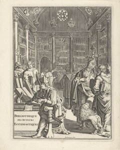 Interior da biblioteca com clero Folha de rosto para: Bibliotheque des Authors Ecclesiastiques, sem ano de Daniël met de Penningen