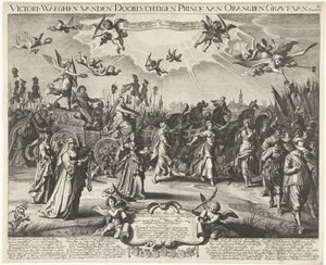 Entrada triunfal alegórica de Frederick Henry, 1629 Victori-Waeghen vanden Serene Airways Príncipe de Orangien, Túmulo de Nassou etc. (título no objeto) de Daniël van den Bremden