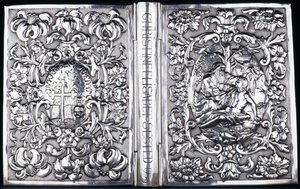 Capa superior e inferior do livro com folhagem e uma imagem do Bom Samaritano, 1740 de Danish School