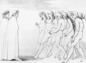 Almas assustadas ao verem que Dante está vivo, ilustração para o 3º canto do Purgatório, Divina Comédia, poema alegórico de Dante Alighieri (1265-1321) de Dante Alighieri