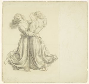 The Bower Meadow - Estudo de cortinados para a dança das duas raparigas de Dante Gabriel Rossetti
